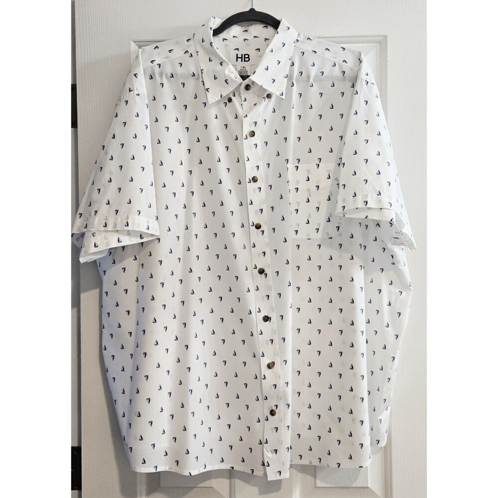 HB Harbor Bay 2XL Shirt Short Sleeve Button Down White W/ Blue Sailboats
